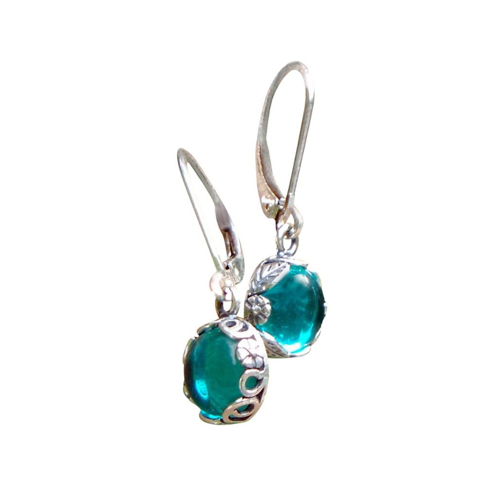 Recycled Vintage Aqua Mason Jar Sterling Silver Botanical Lever back Earrings